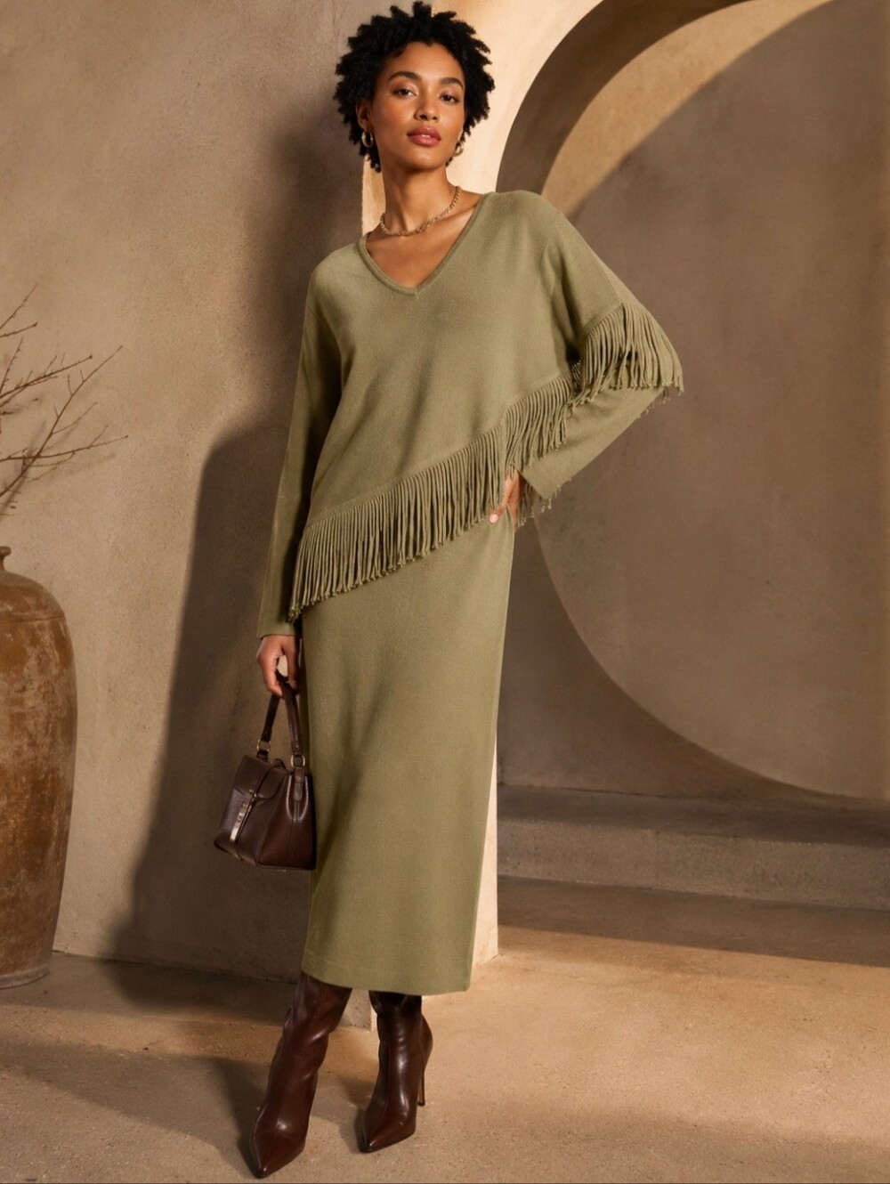 Maggy London Asymmetrical Overlay Fringe Trim Knit Dress